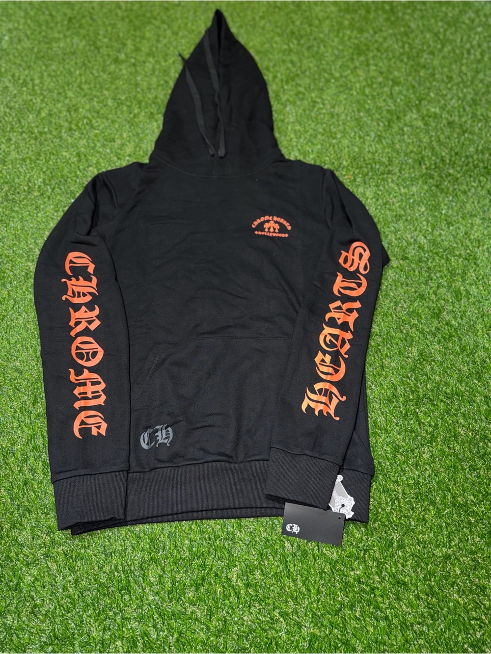 Chrome Hearts Black Hoodie with Orange Sleeve Script and Chest Logo